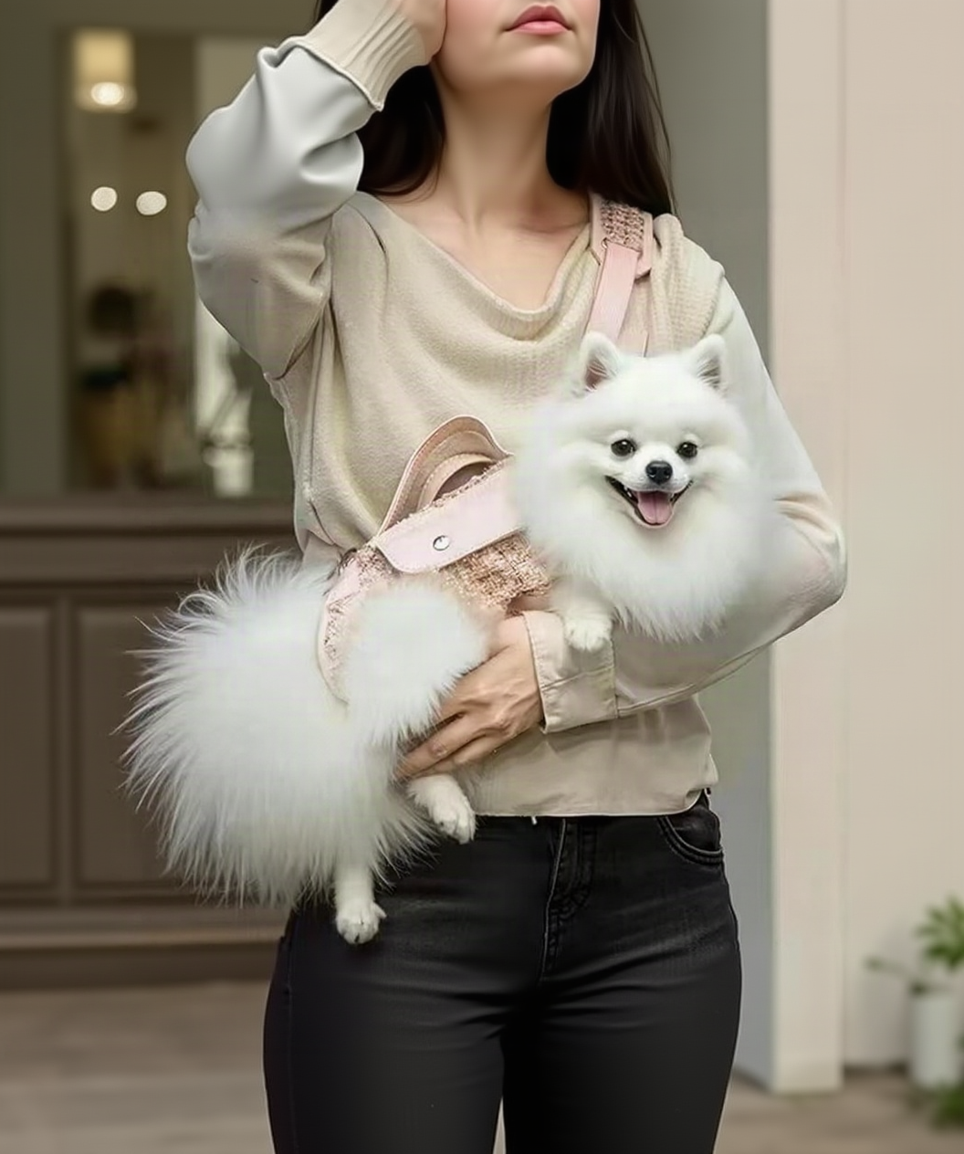 Woman carrying a white Pomeranian in a hands-free shoulder carrier