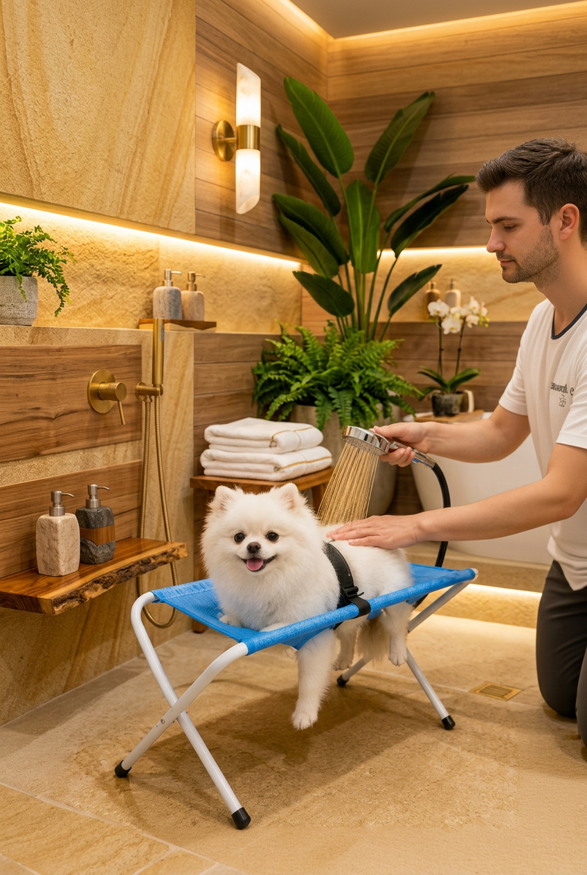 White Pomeranian being bathed on a foldable grooming table in a cozy bathroom