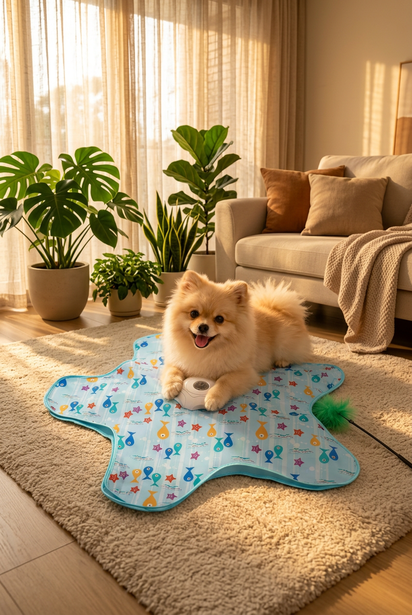 Pomeranian playing with an automatic self-play toy on a mat in a sunny living room