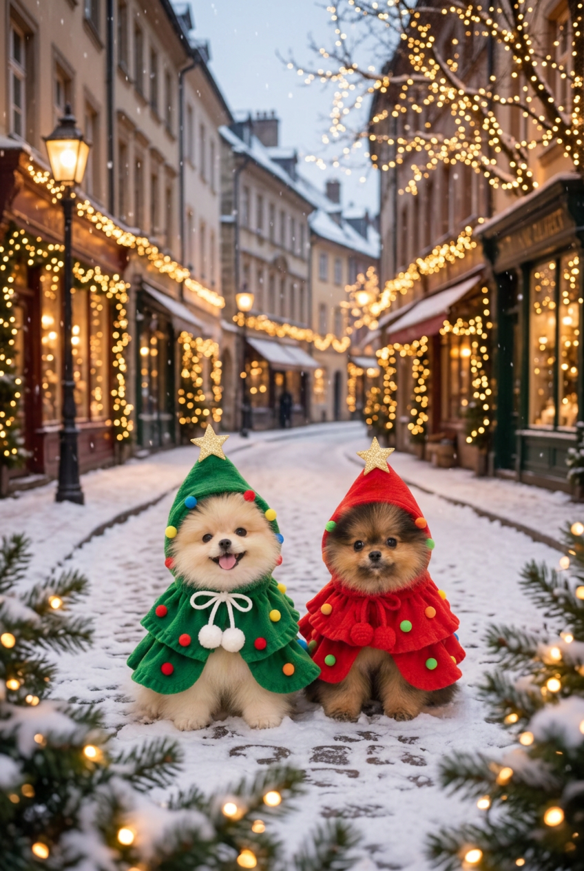 Two Pomeranians in Christmas tree costumes on a snowy winter street