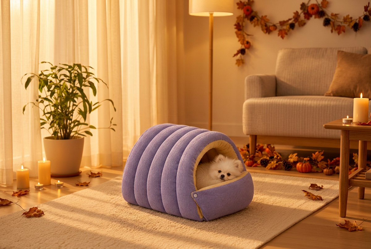 White Pomeranian resting in a lavender corduroy cave bed in a cozy autumn living room