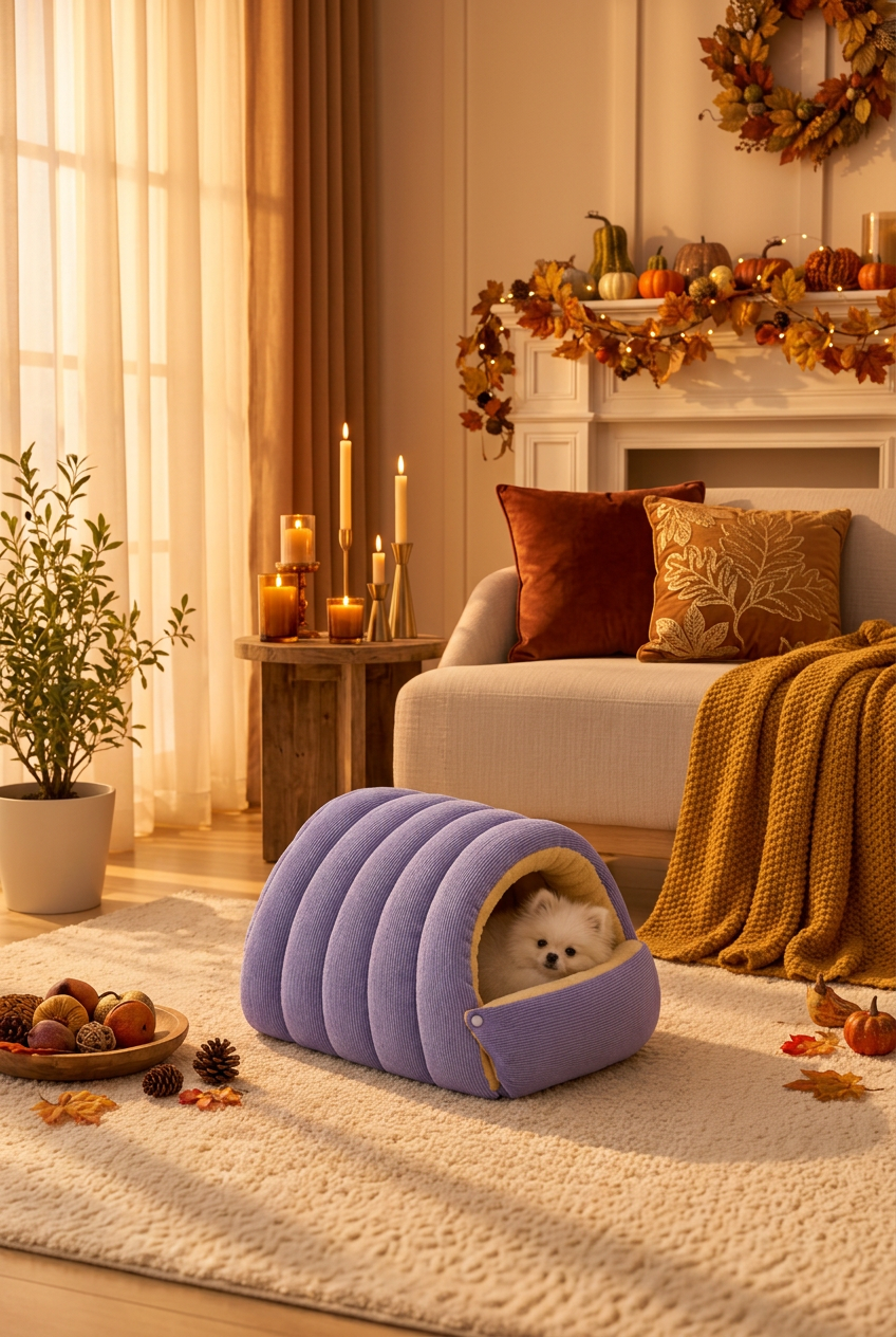 White Pomeranian resting in a lavender corduroy cave bed in a cozy autumn living room