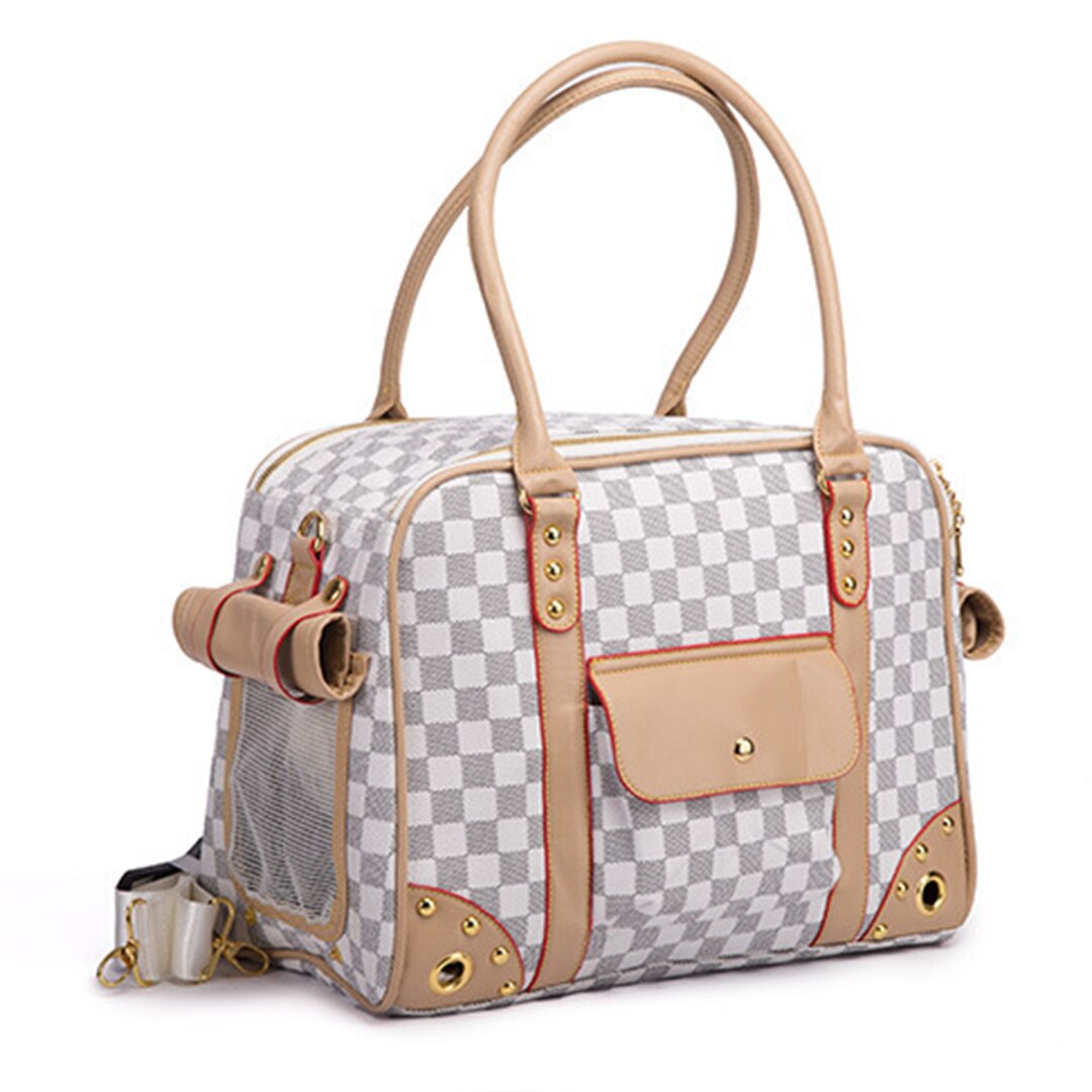 Chewy Vuitton White Checkered Dog Carrier